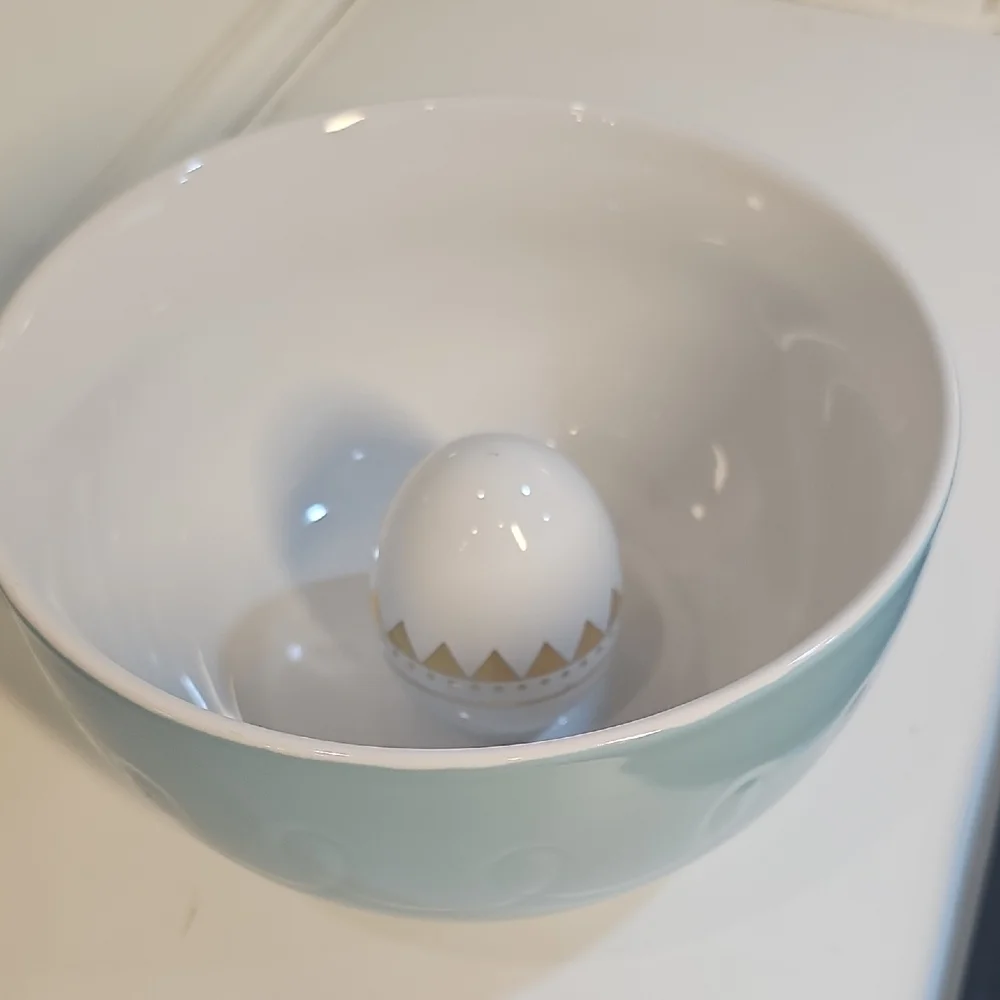 Threshold Blue Stoneware Easter Centerpiece Bowl With Egg Center Geometric EUC